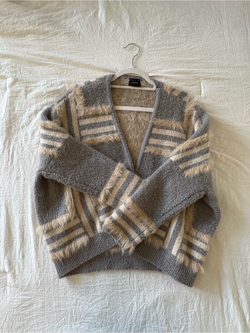 Cliché Fuzzy Striped Open Front Cardigan Size Small